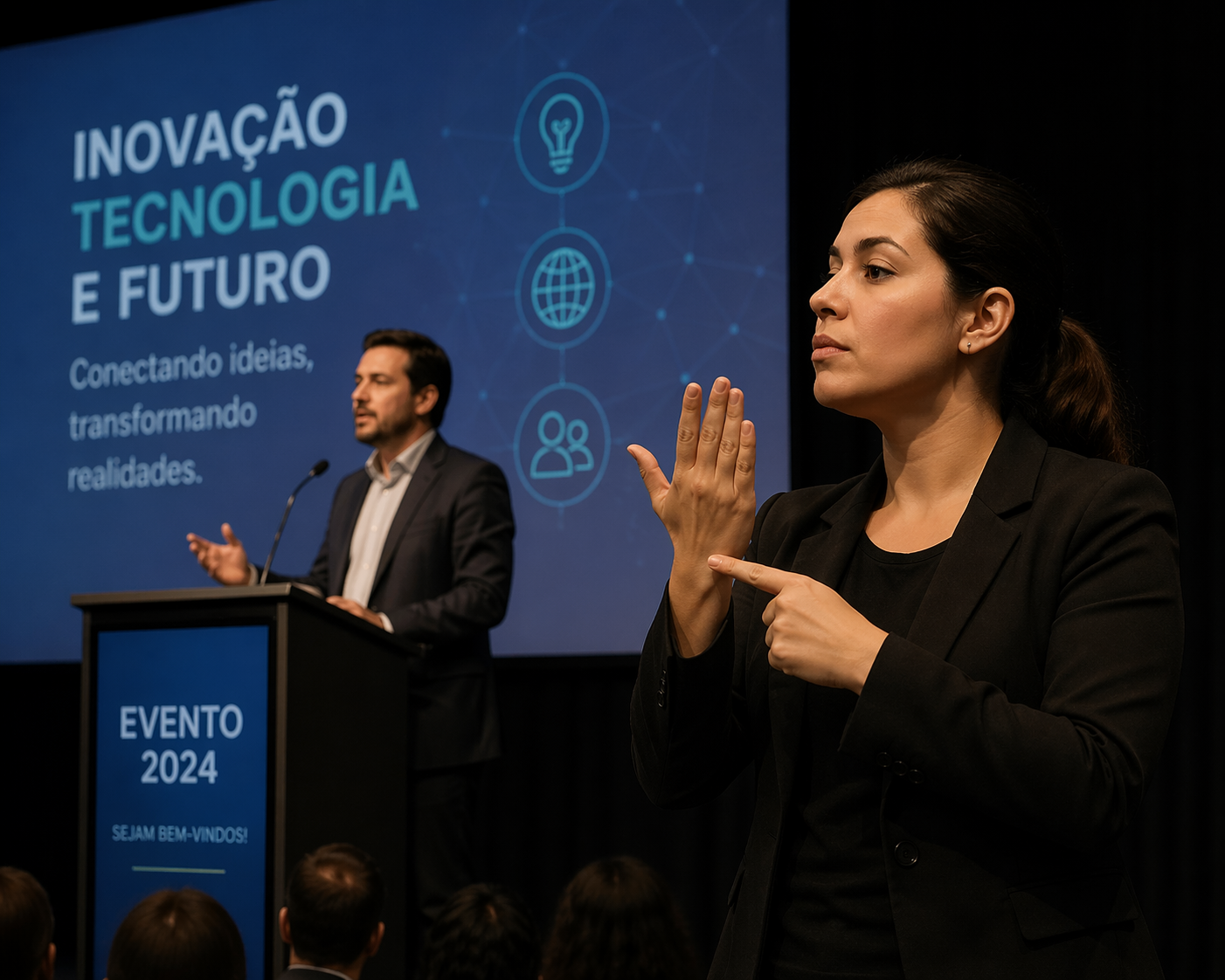 Intérprete de Libras atuando ao vivo em evento corporativo